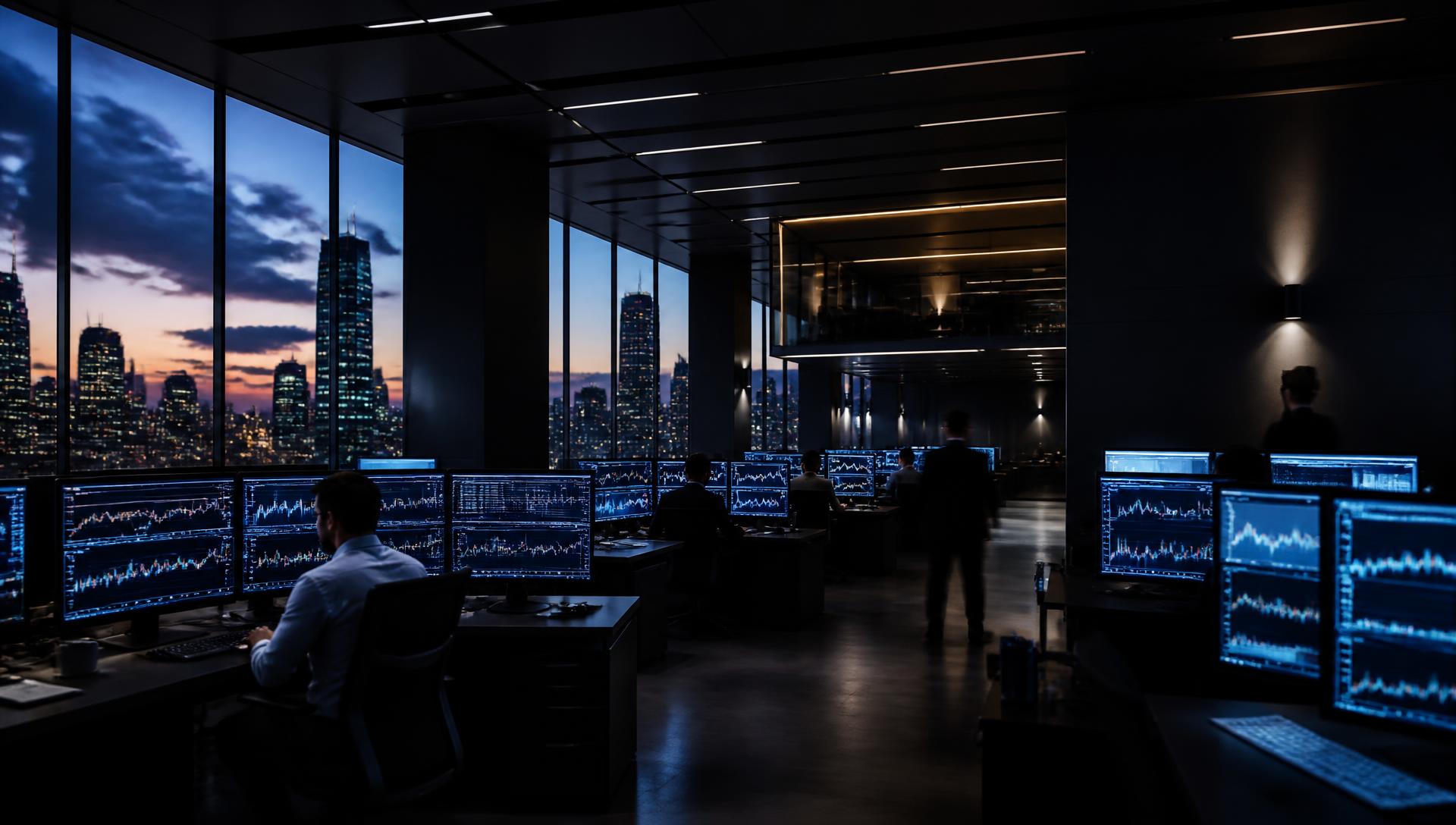Analyst floor at dusk with rows of multi-monitor trading desks